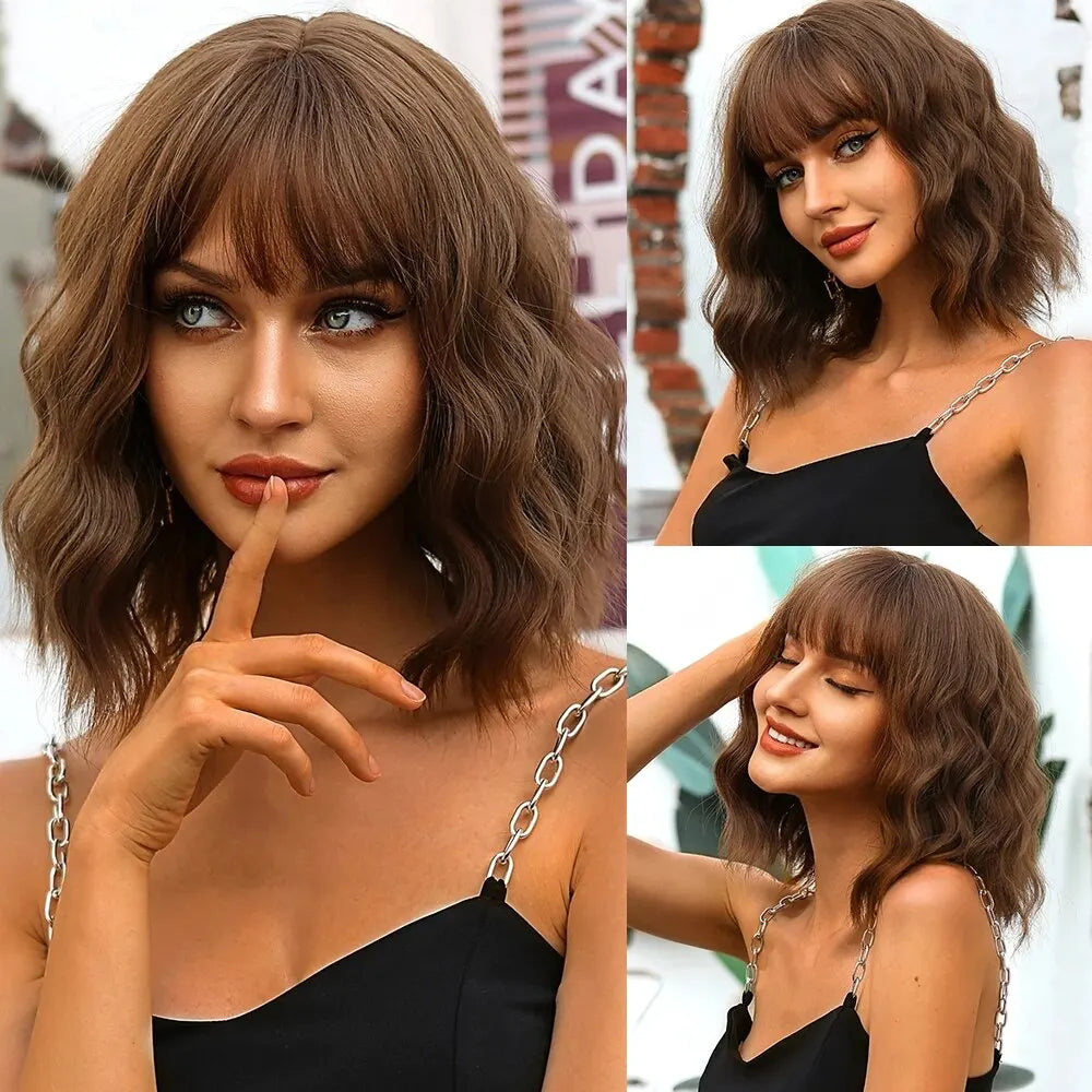 Short Wavy Bob Wig Dark Brown with Highlights