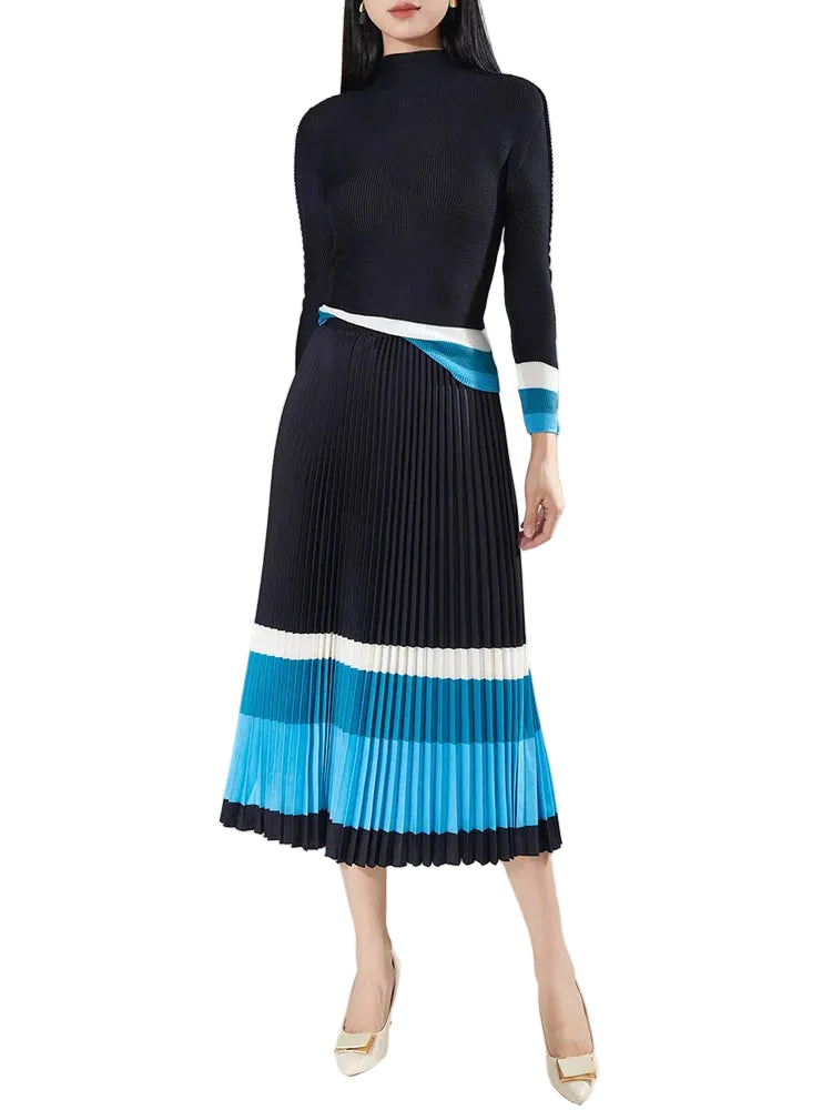 Women Color Print Pleated Top & Skirt Set