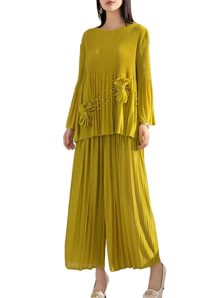 Women’s Floral Pleated Top & Wide Pants Set