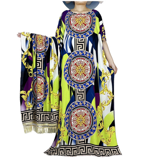 Elegant Loose fit Printed Caftan Dress with scarf