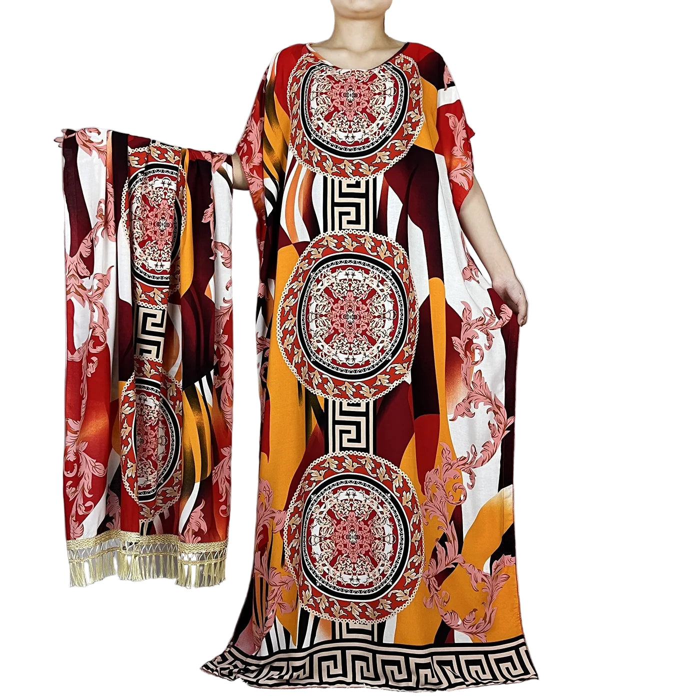 Elegant Loose fit Printed Caftan Dress with scarf