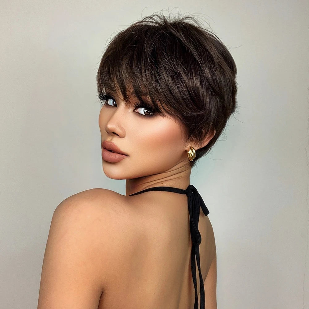 Dark Brown Layered Pixie Wig with fluffy Bangs