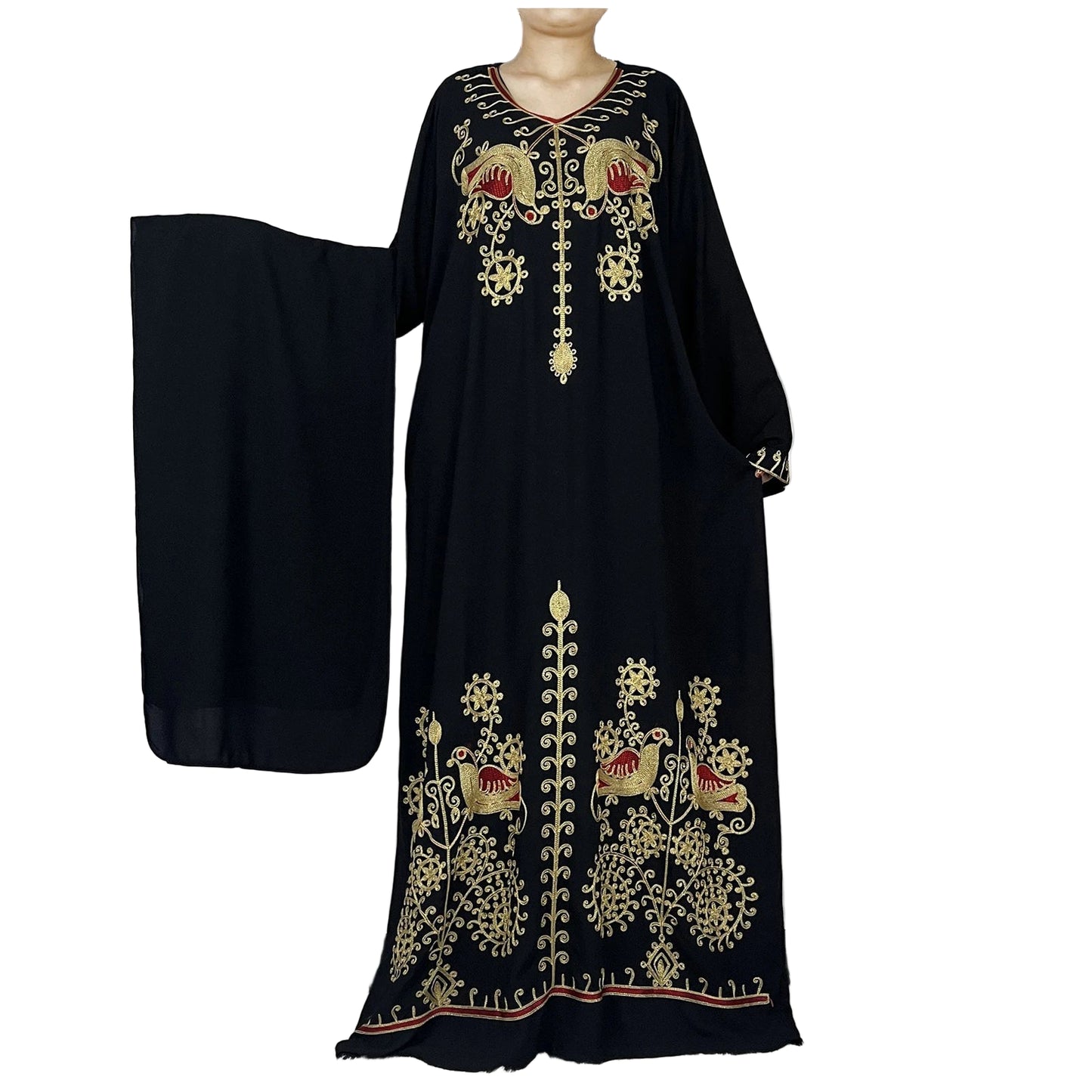 Women Floral Embroidery Abaya Dress with Headscarf