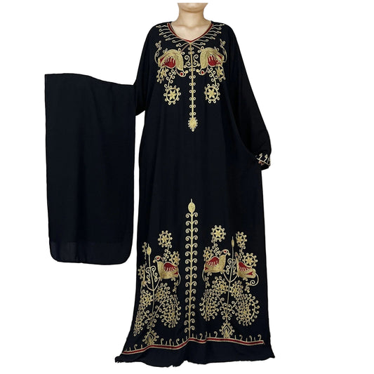 Women Floral Embroidery Abaya Dress with Headscarf