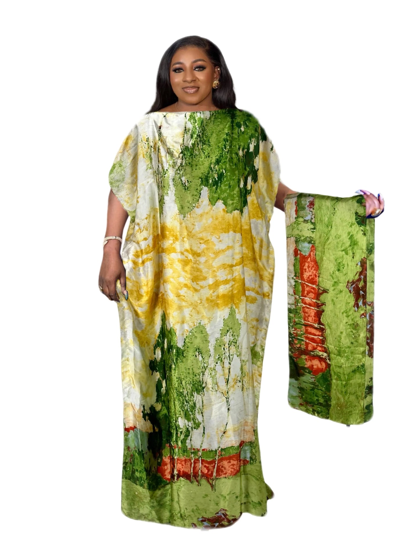 Women Printed Color Block Kaftan Maxi Dress + Headband