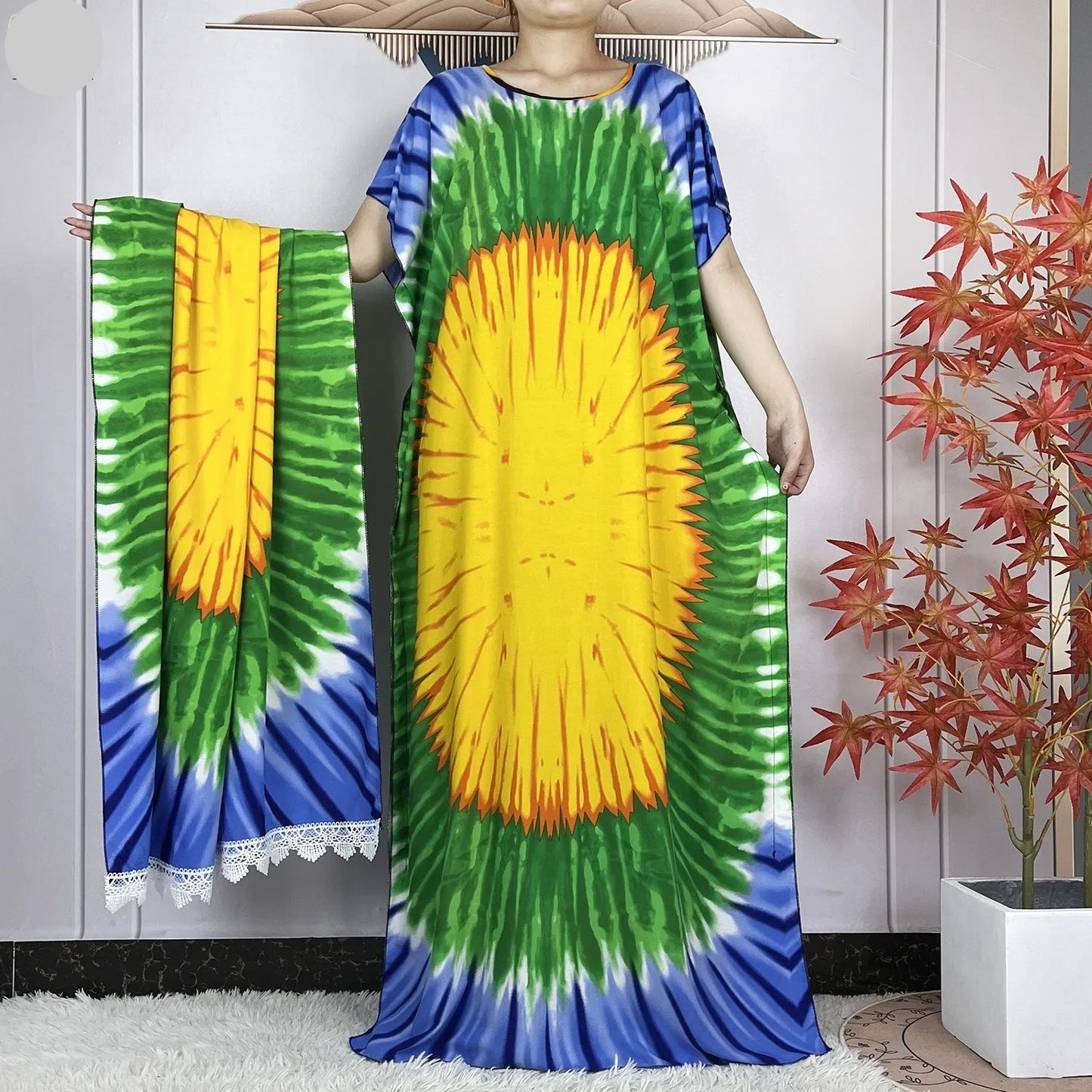 Elegant Loose fit Printed Caftan Dress with scarf