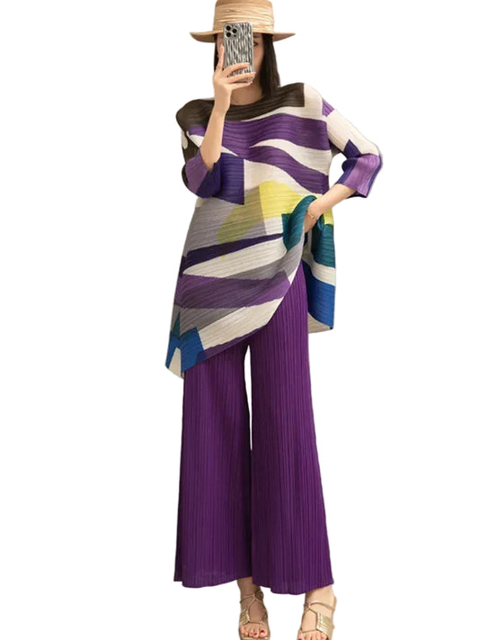 Women Color Block Shirt & Wide Pants Set