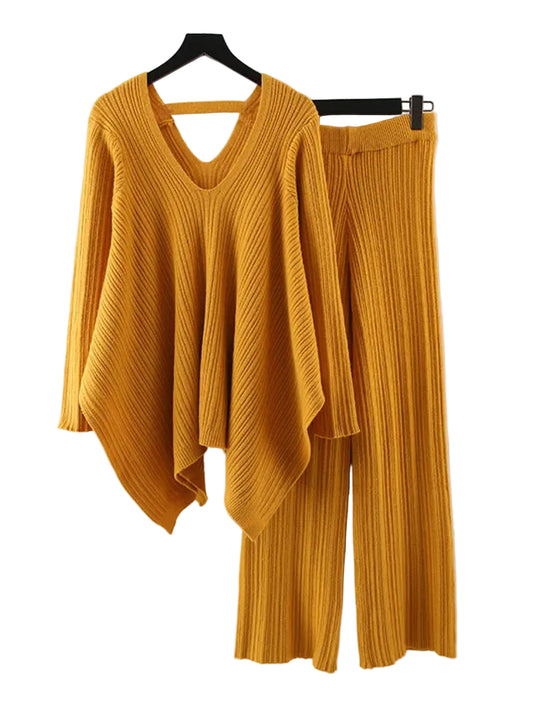 Irregular Knitted 2 Piece Set Women's V-neck Backless Long Sleeves Solid Sweater High Waist Wide Leg Trousers-church dresses-Top Super Deals-Free Item Online