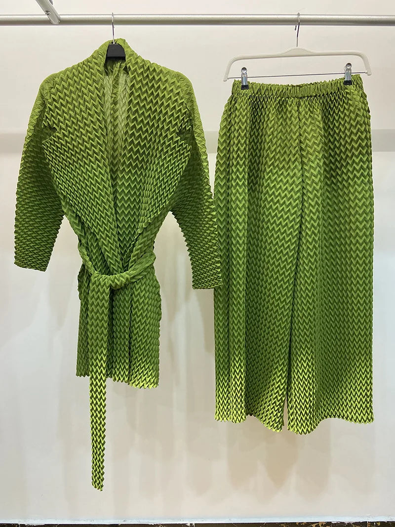 2 Pieces Pants Sets Pleated Belt Jacket With Elastic Waist Wide Leg Pants Female Fashion Clothing-party dresses-Top Super Deals-Green-One Size-Free Item Online