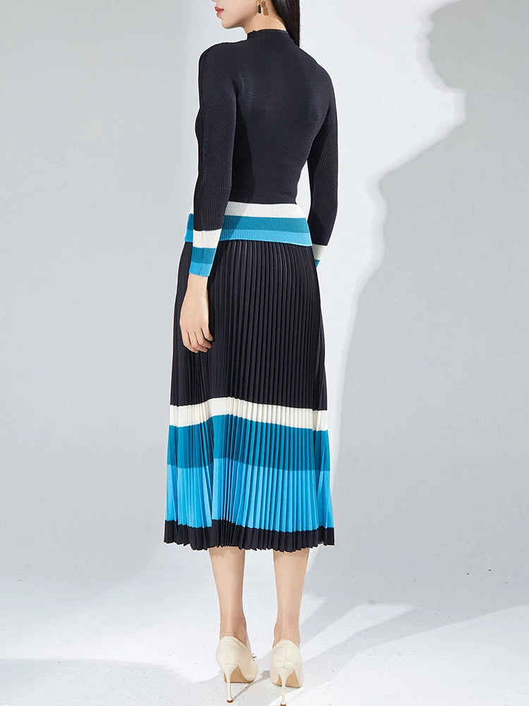 Women Color Print Pleated Top & Skirt Set