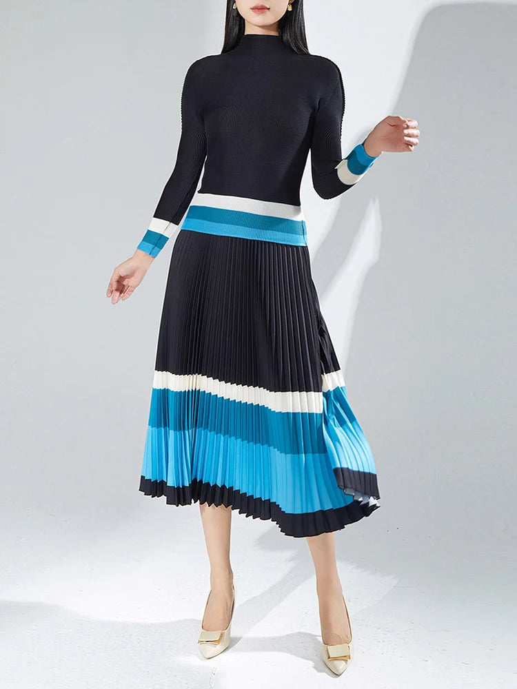 Women Color Print Pleated Top & Skirt Set