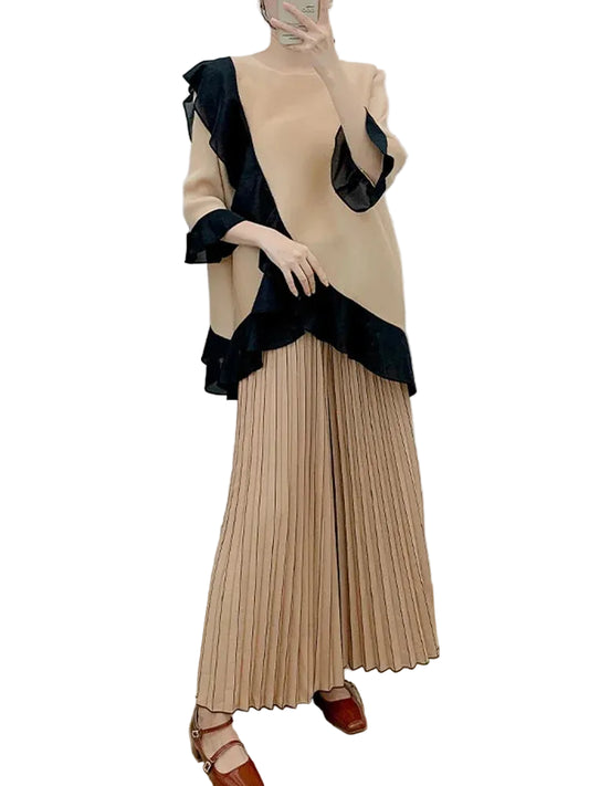 Women’s Ruffled Pleated Top & Wide Pants Set