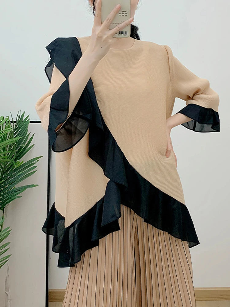 Women’s Ruffled Pleated Top & Wide Pants Set