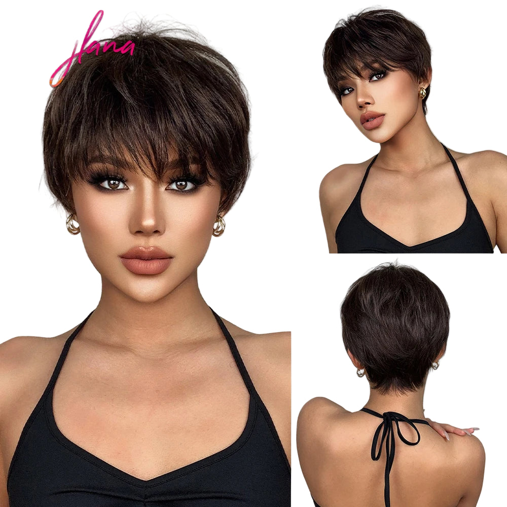 Dark Brown Layered Pixie Wig with fluffy Bangs