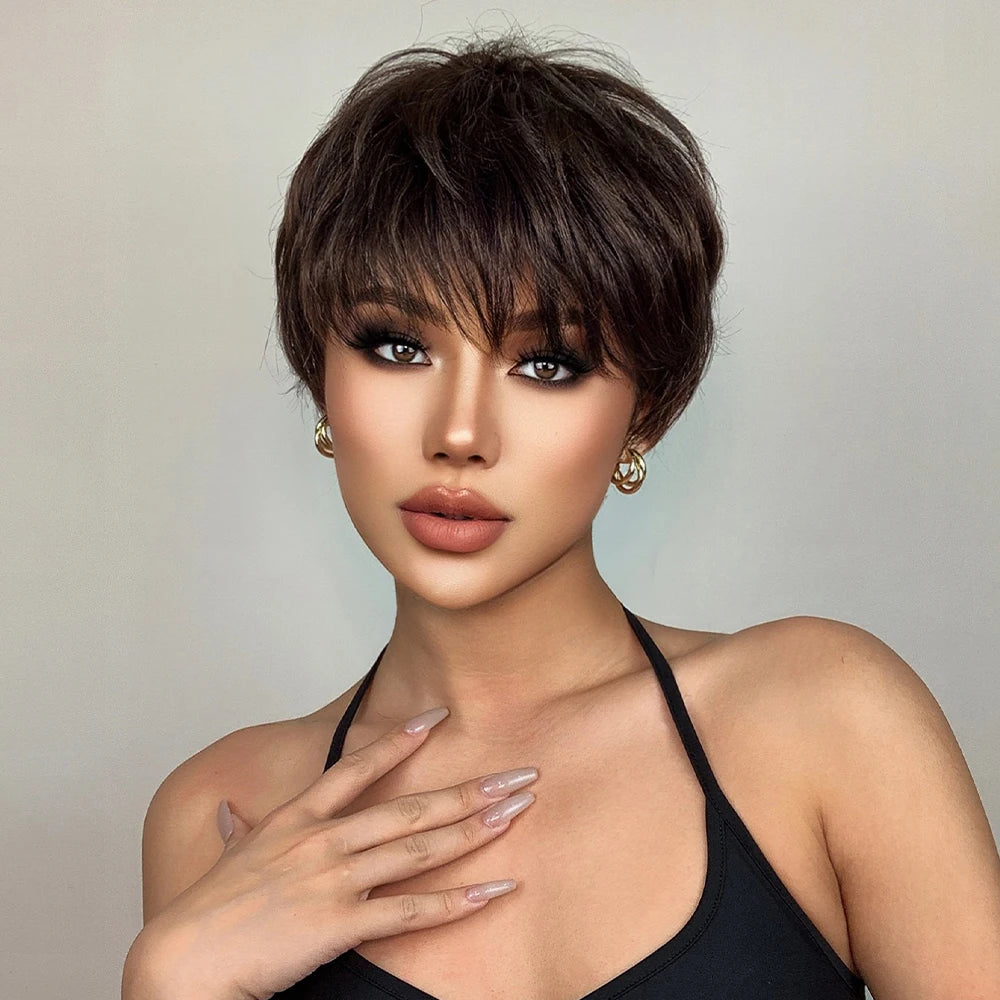 Dark Brown Layered Pixie Wig with fluffy Bangs
