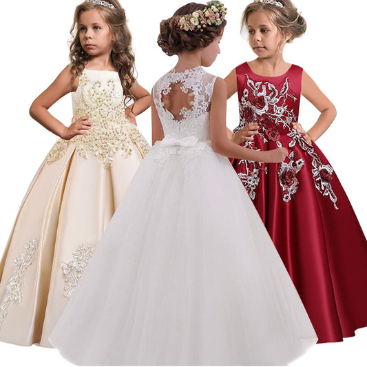 Princess Lace Dress Kids Long  Formal Ball Gown