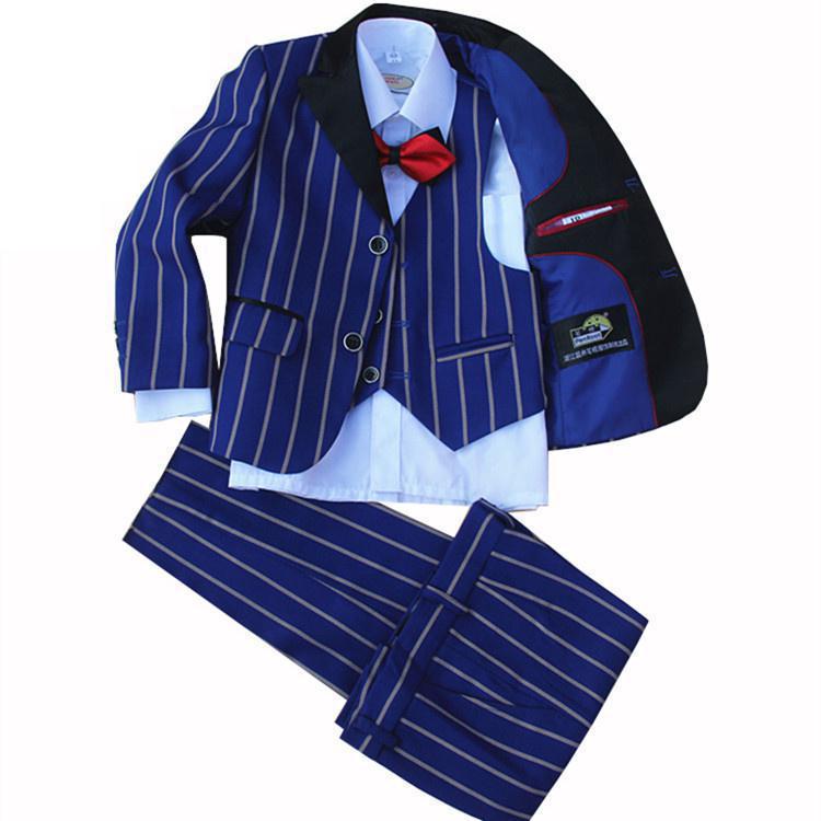 4 Pieces set  jacket+vest+pants +bow tie Children Formal Suit Jacket Wedding boys Dress Suit Stripe jacket size 2years-12 years