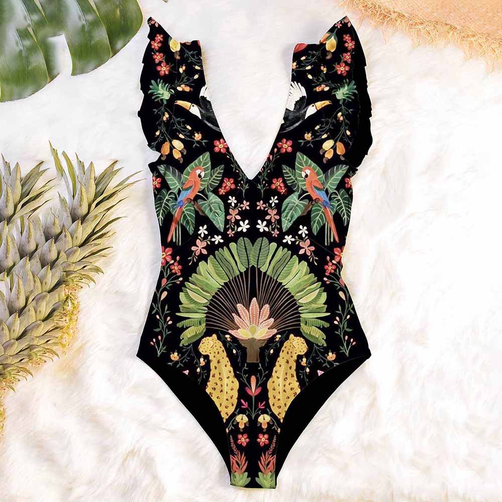 Deep V-Neck Ruffle Print One-Piece Swimsuit High Waist Tight Floral Bikini Plus Size Sexy Swimwear