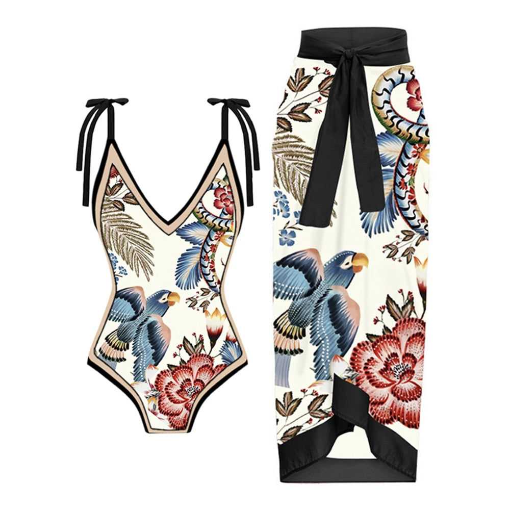 Floral Print One-Piece Swimsuit Set
