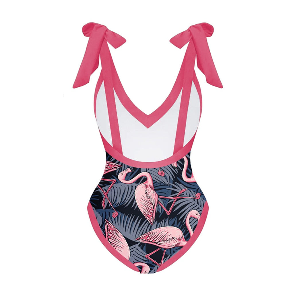 Swimsuit Flamingo Print  One Piece Suit with Skirt  Beach Dress Bathing Suit Summer Surf Wear