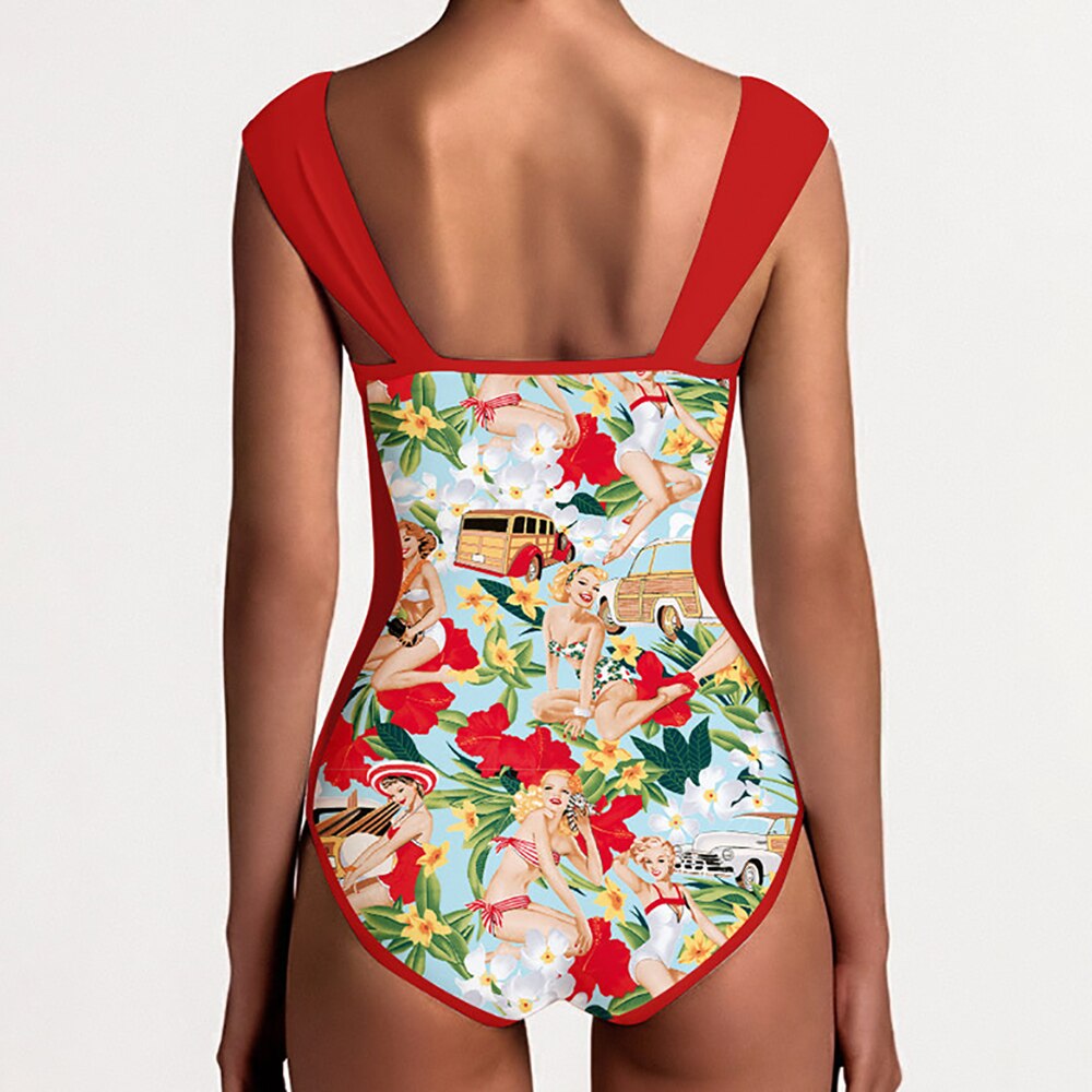 Retro Swimwear Women Printed Bikini Red One-piece Swimsuit Bathing Suit Summer Skirt Beach Wear Plus Size Luxury