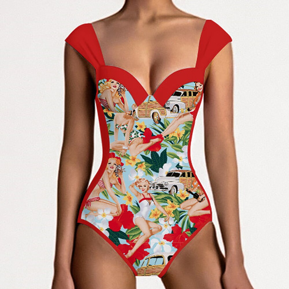 Retro Swimwear Women Printed Bikini Red One-piece Swimsuit Bathing Suit Summer Skirt Beach Wear Plus Size Luxury