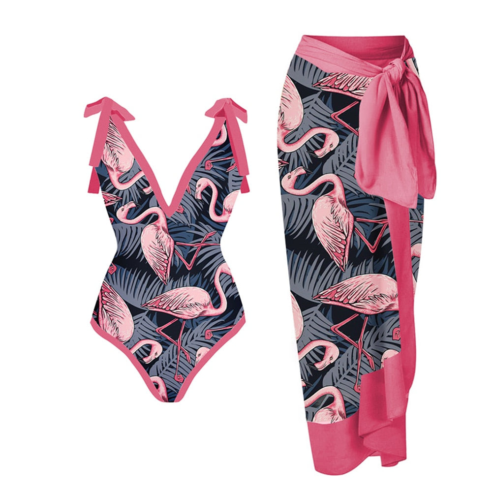 Swimsuit Flamingo Print  One Piece Suit with Skirt  Beach Dress Bathing Suit Summer Surf Wear