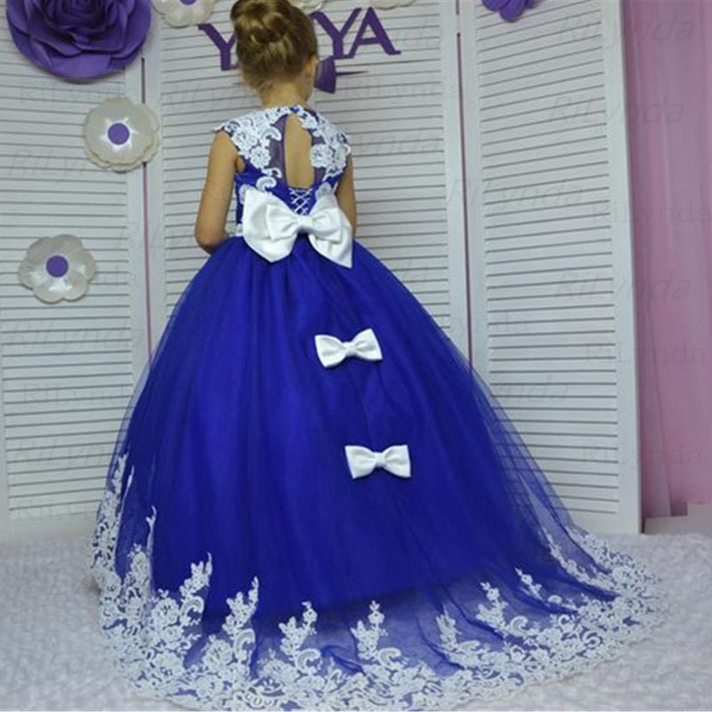 Blue Flower girl Dress, Long Flower Tulle Gown for Toddler, Long Train Dress for junior bridesmaid