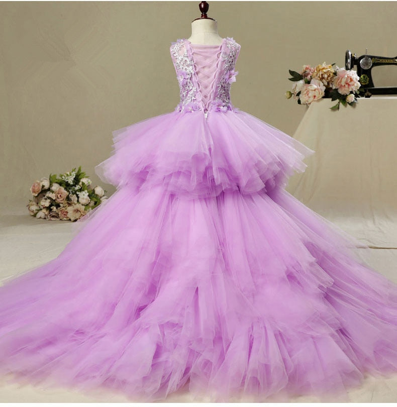 Elegant Long Trailing Appliques First Communion Dress Purple Tulle Ball Gown Kids Pageant Gown Flower Girl Dress for Weddings