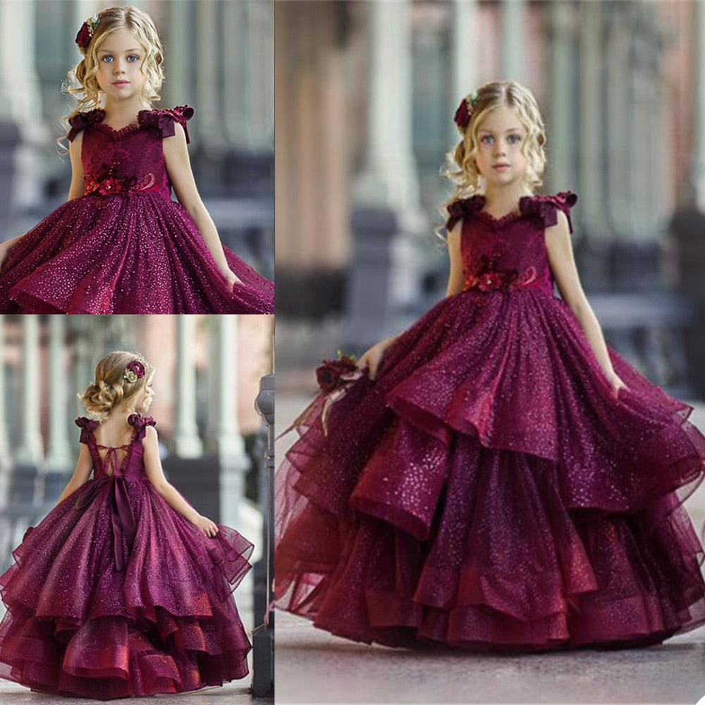 Fashion Lovely Flower Girls Dresses Lace Appliques Kids Formal Wear Custom Made Backless Birthday Toddler Girls Pageant Gowns