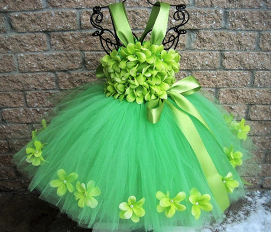 Girls Green Petals Tutu Dress Kids Flower Straps Dress Ball Gown with Ribbon Bow Children Christmas Wedding Party Costume Dress
