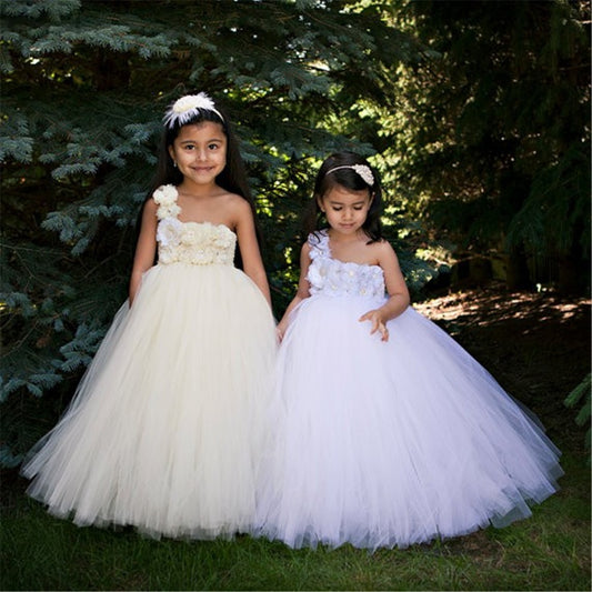 Girls Ivory Flower Tutu Dress Kids Crochet Long Tulle Dress Ball Gown with Feather Hairbow Children Wedding Party Costume Dress