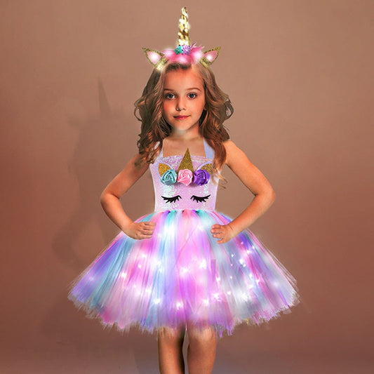 Girls Shiny Unicorn TUT Dress Glowing Kids Unicorn Dresses For Girls Hallowmas Party Princess Dress Children Clothing vestidos