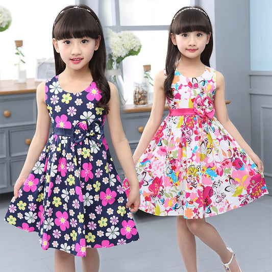 Girls Vest Dress Cotton Flower Print Children Wear  Korean Cute 95% Cotton Princess Party Dresses 4 5 6 7 8 9 10 11 12 14 Year