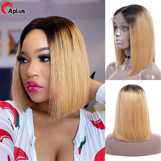 Straight Short Bob Human Hair Wigs Brazilian Ombre Blonde Bob Wig Lace Front Human Hair Wigs Blunt Cut Bob Wigs For Black Women