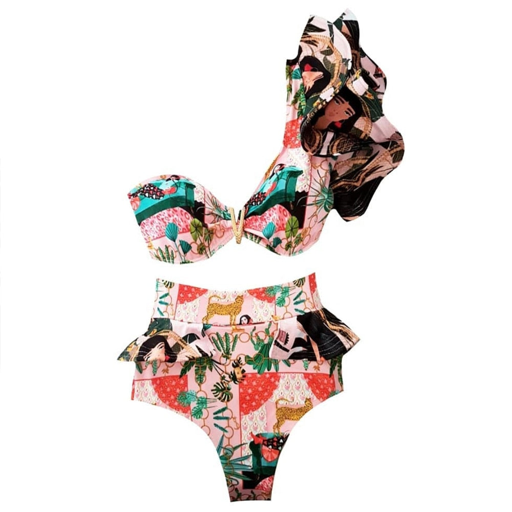 One Shoulder Print Bikinis Set High Waist Swim Suits Bathing Summer Beachwear