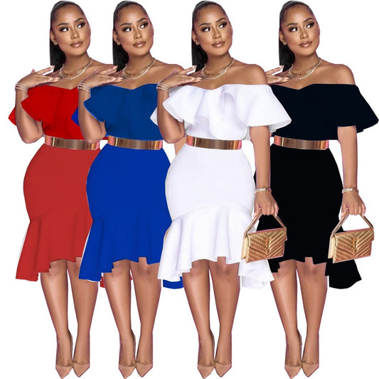 Women Summer Sexy Off-Shoulder Midi White Tunics Dress Ladies Evening Party Fishtail Dresses