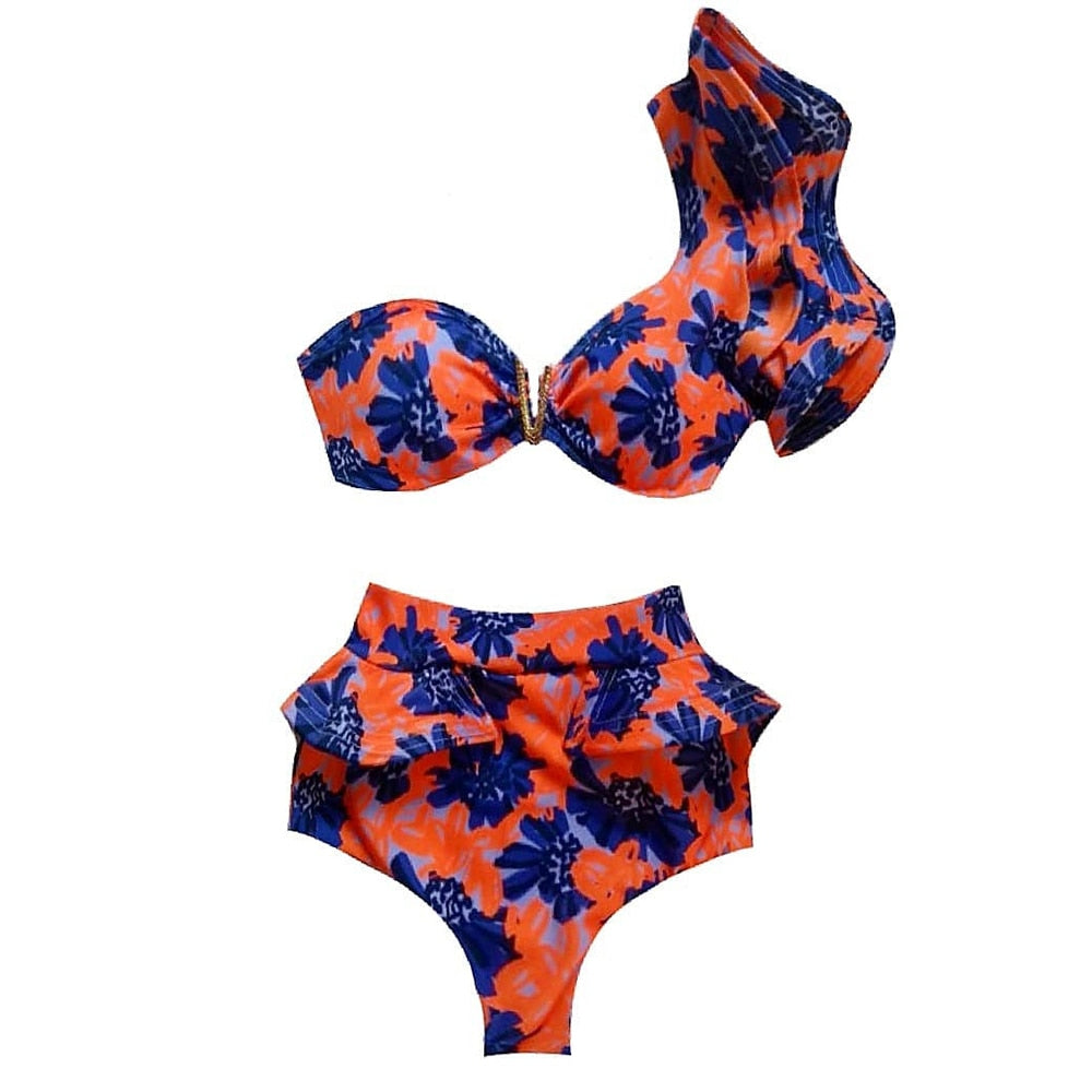 One Shoulder Print Bikinis Set High Waist Swim Suits Bathing Summer Beachwear