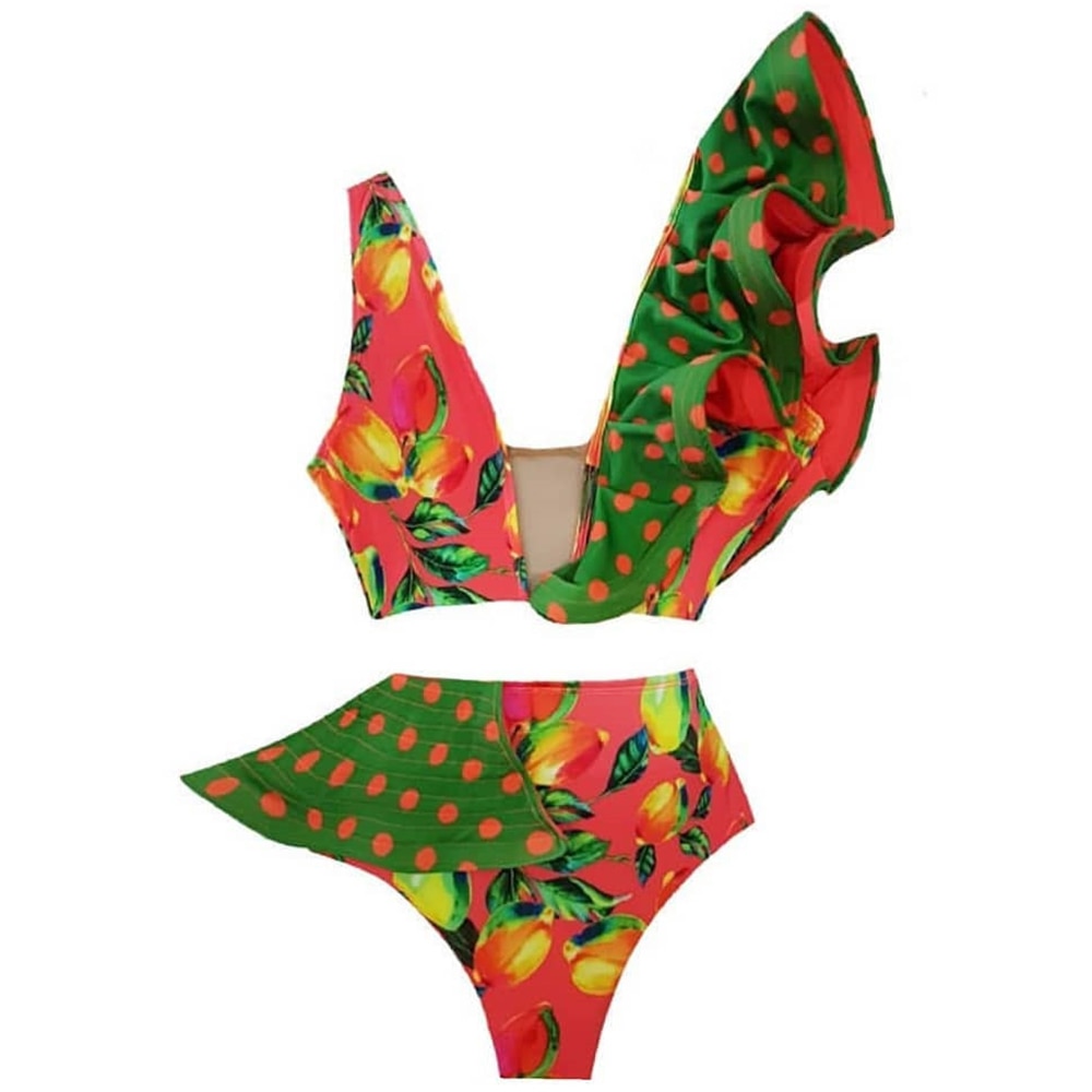 One Shoulder Print Bikinis Set High Waist Swim Suits Bathing Summer Beachwear