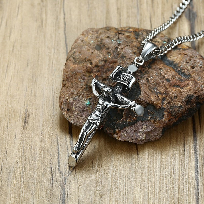 Vantage Mens Crucifix Necklace Ancient silver color Stainless Steel Italian Chain Male Charm Cross Pendant Jewelry