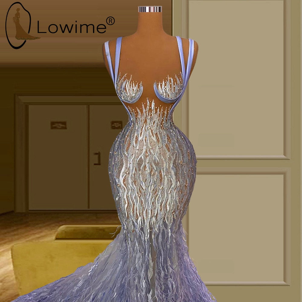 Lowime Sexy Illusion Feathers Pearls Mermaid Evening Dresses Lavender Lace Prom Party Gowns Long Robes De Soiree