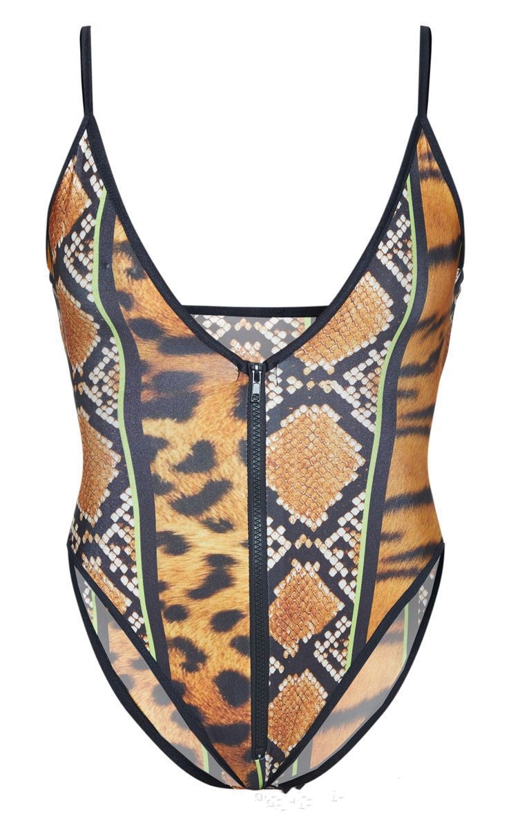 One Piece Swimsuit Leopard Snakeskin Print Zipper Plus Size Swimwear Women Bodysuit Bathing Suit Swim Wear Bikini