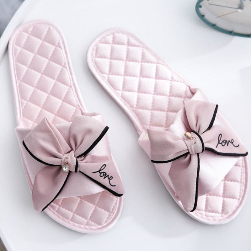 Women Indoor Silk Slippers Butterfly-knot Bowtie Light Comfy Flats Open Toe Home Slides House Causal Fashion Cute Shoes Ladies