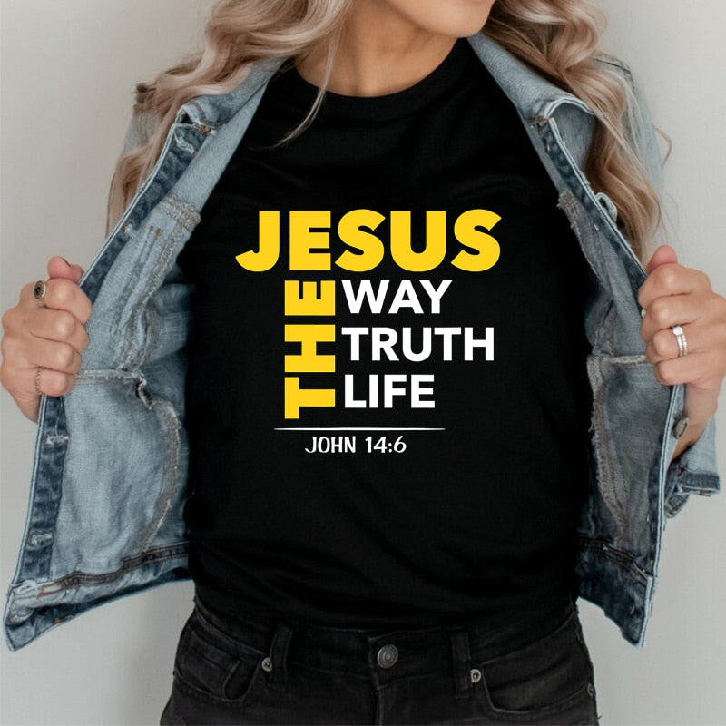 Jesus The Way Truth Life Printed New Style Women T Shirt Christian Religion Slogan Tops Believer Pray God Lady Summer Clothes