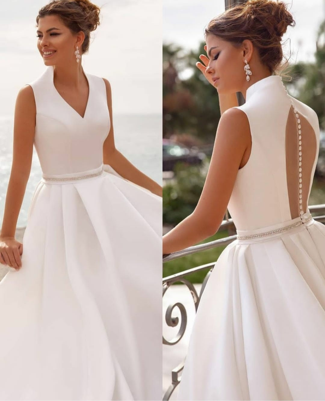 Classic Long A-Line V-Neck Wedding Dresses with Pockets Floor Length Button Back Satin