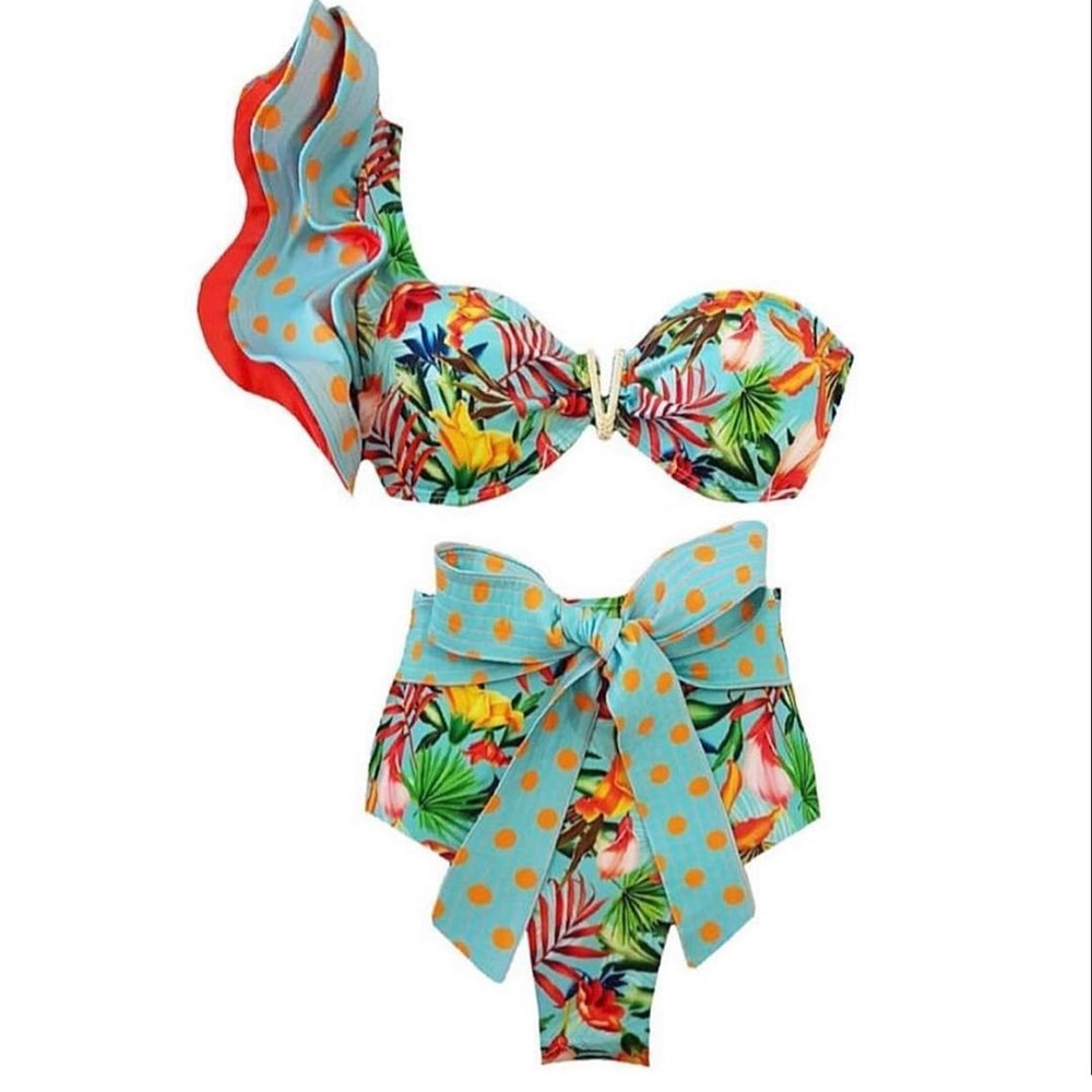 One Shoulder Print Bikinis Set High Waist Swim Suits Bathing Summer Beachwear