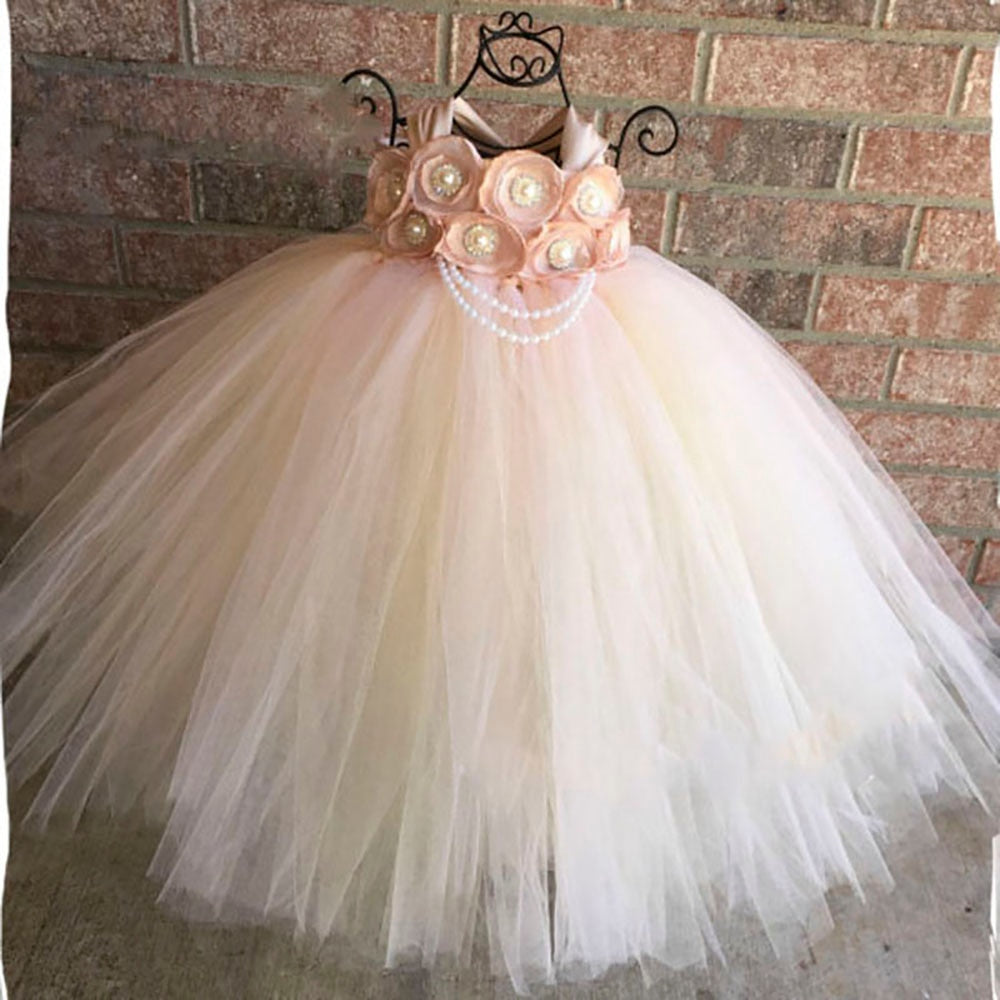 Lovely Girls Peach Pearl Flower Tutu Dress Kids Tulle Strap Dress Long Ball Gown Children Wedding Birthday Party Costume Dresses