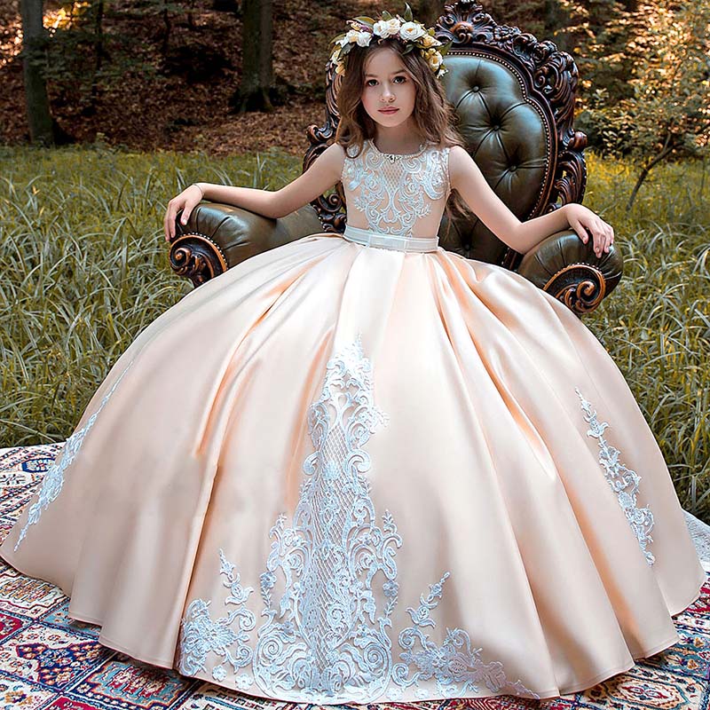 New Long Sleeve First Communion Dresses O-neck with Bow Sash Flower Girl Dresses Ball Gowns Custom Made Vestidos