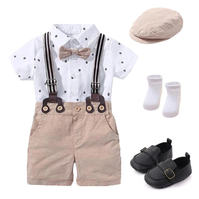 Newborn Suit Baby Boy Romper Clothing Set Handsome Bow 1th Birthday Gift Hat Printed Rompers Belt Infant Children Outfit Clothes