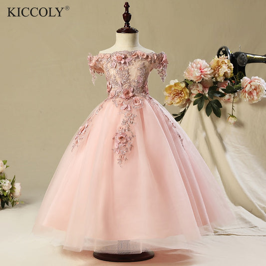 Off Shoulder first communion dresses for girls Vestido Daminha Casamento Luxury Ball Gown Pink Organza Flower Girl Dresses